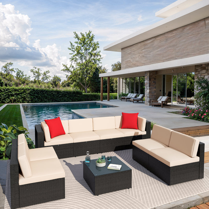 8-Persons Rattan Patio Furniture Conversation Set Outdoor Sectional Sofa for Backyard, Beige