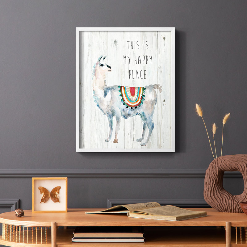 Llama Happy Place, reproduction encadrée - bois massif, Blanc, H 14 po x l 11 po