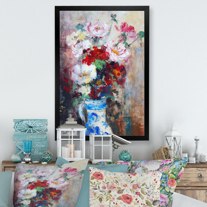 Nature morte avec des roses - Peinture, Cadre photo noir, H 20 po x l 12 po