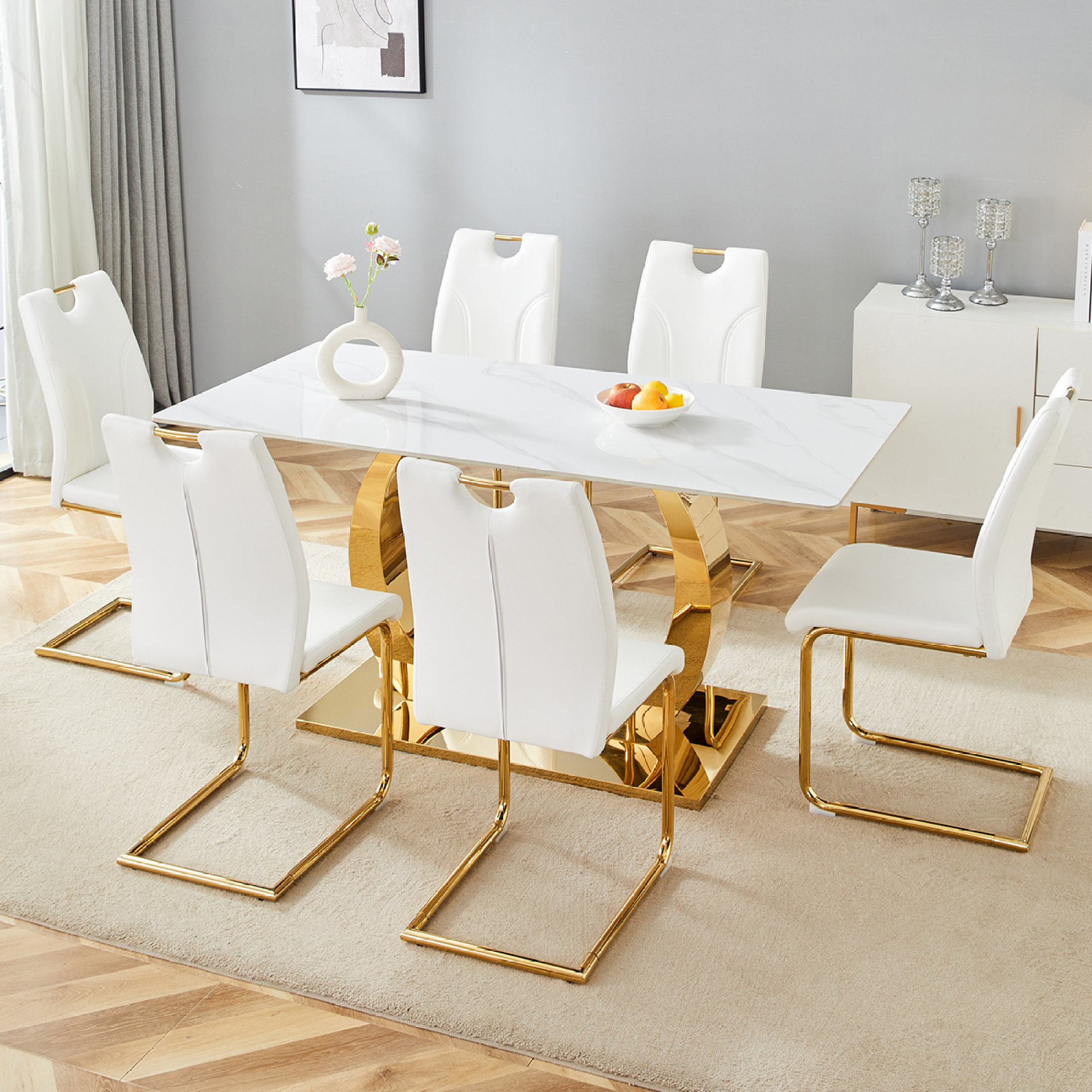 Mercer41 Modern White Sintered Stone Dining Table Set With 6 Elegant ...