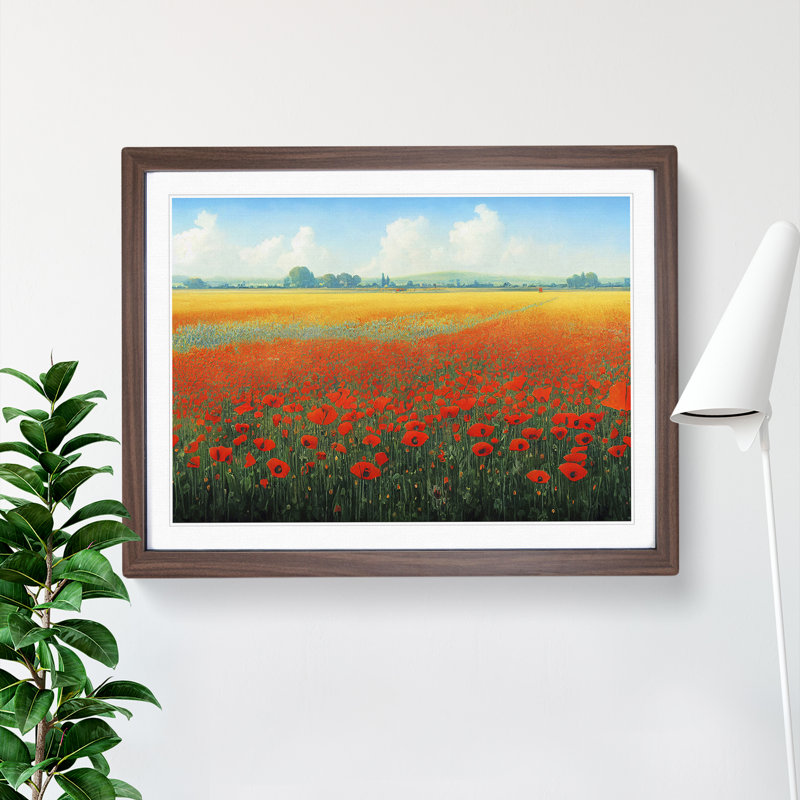 XH1022-6804X Passionate Poppy Field Flowers 1 Piece Single Picture Frame Wall Art, 46cm H x 64cm W x 2cm D, Walnut