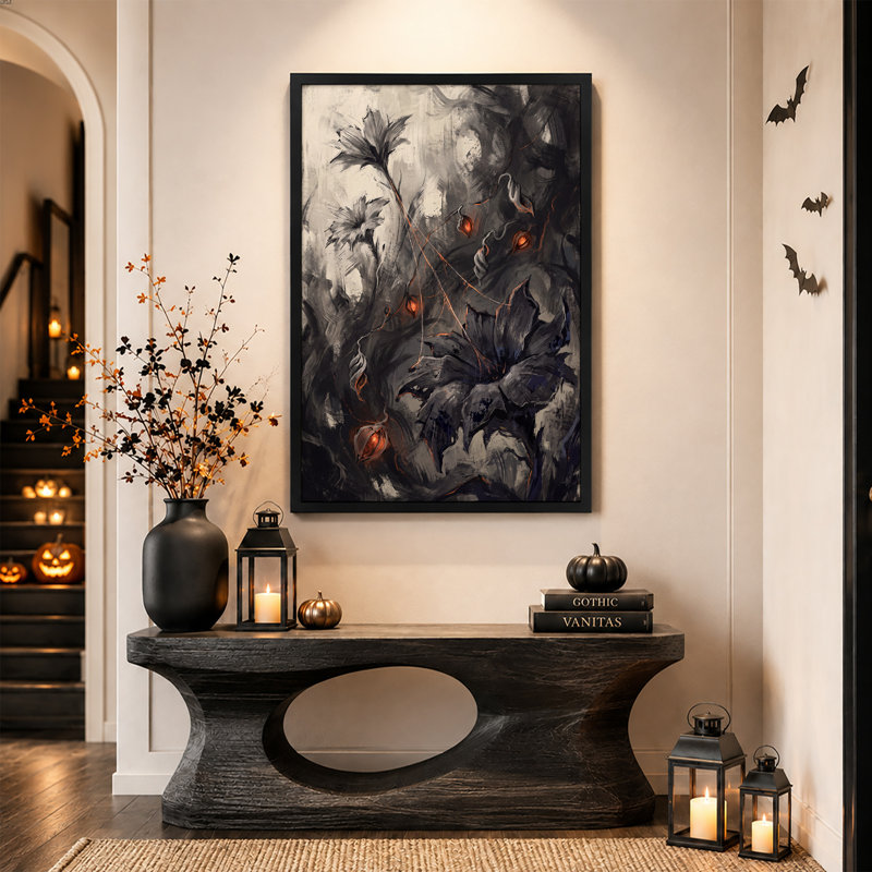 Toile murale d'Halloween avec des fleurs abstraites gris foncé et des reflets orange., H 30 po x l 20 po