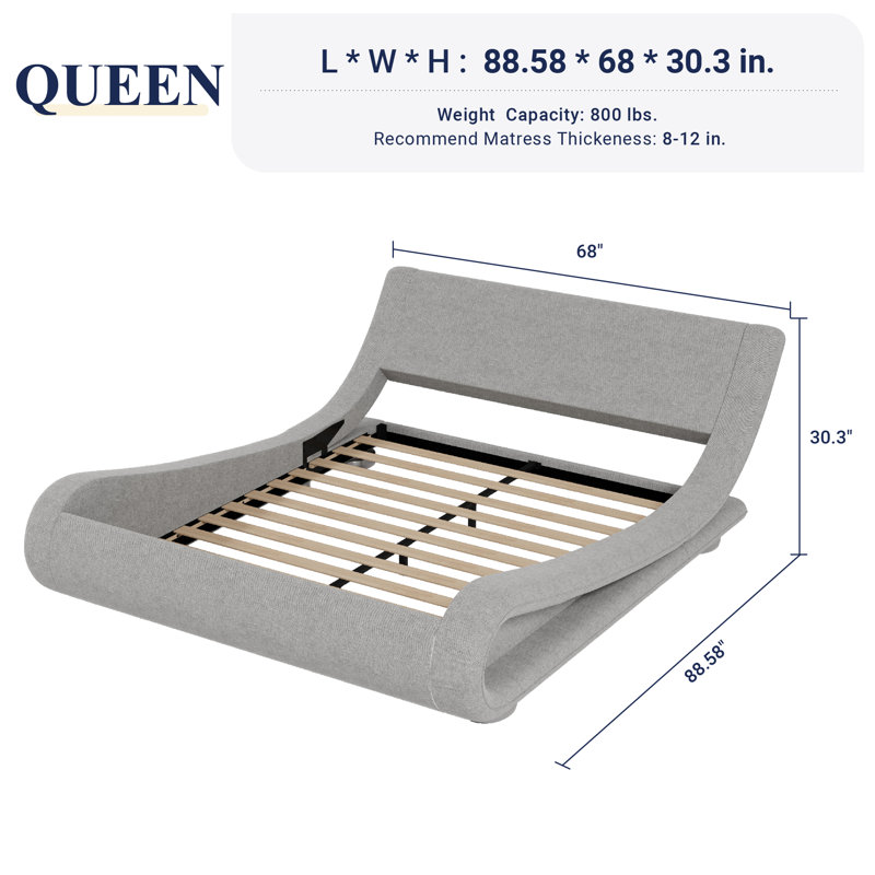Low Profile Sleigh Bed with Ergonomic Adjustable Headboard, Queen