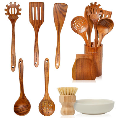 Ensemble de 9 ustensiles de cuisine en bois assortis avec pot à ustensiles 9 pièces