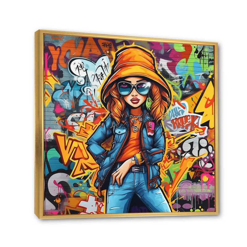 Femme graffiti sur toile, Cadre flottant doré, H 16 po x l 16 po x P 1 po