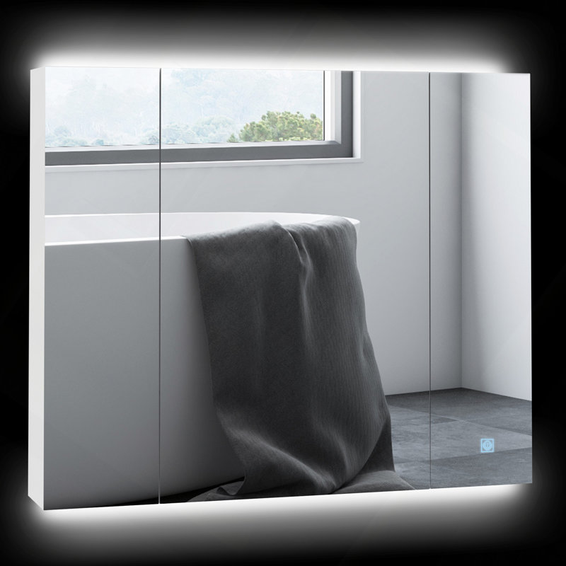 Armoire à pharmacie à DEL, organisateur de miroir de meuble-lavabo mural 35,5 po x 29,5 po avec gradateur tactile, trois portes et charge USB