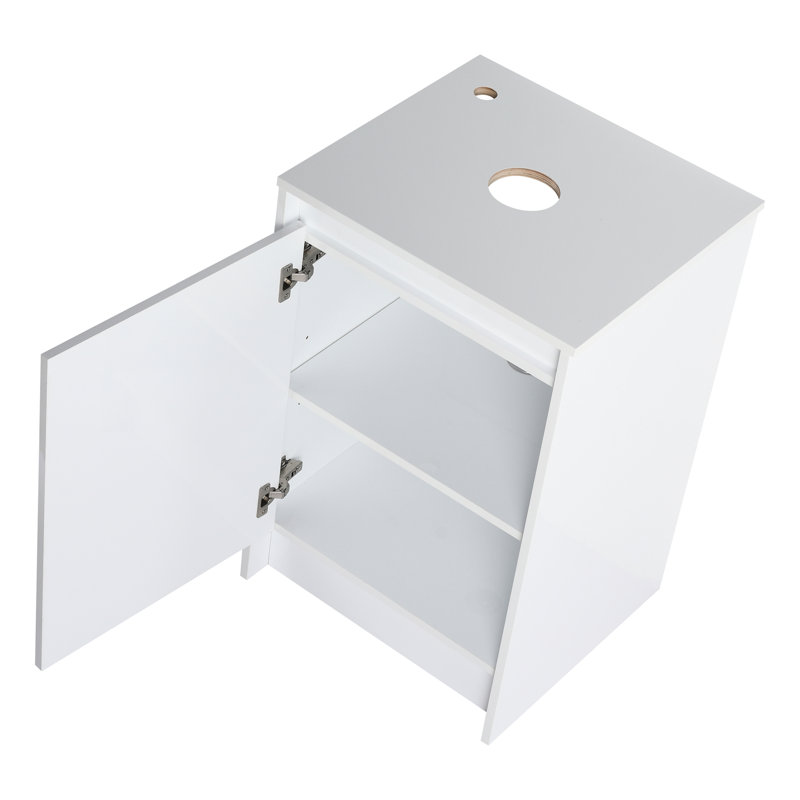 Meuble de salle de bain autoportant 50 cm (20 po) blanc brillant, portes à fermeture amortie pour une fermeture silencieuse, design élégant au sol, grand espace de rangement, plateau supérieur en bois, bonde de 45 mm, robinetterie à gauche ou à droite.