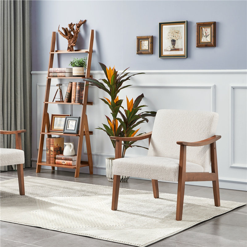 Fabric Mid-Century Modern Armchair, Ivory Boucle/Brown