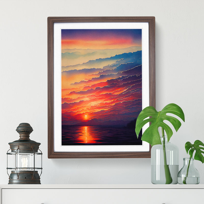 XV1022-3944X Shining Ocean Sunset - Print, White, 66cm H x 48cm W, Walnut Framed