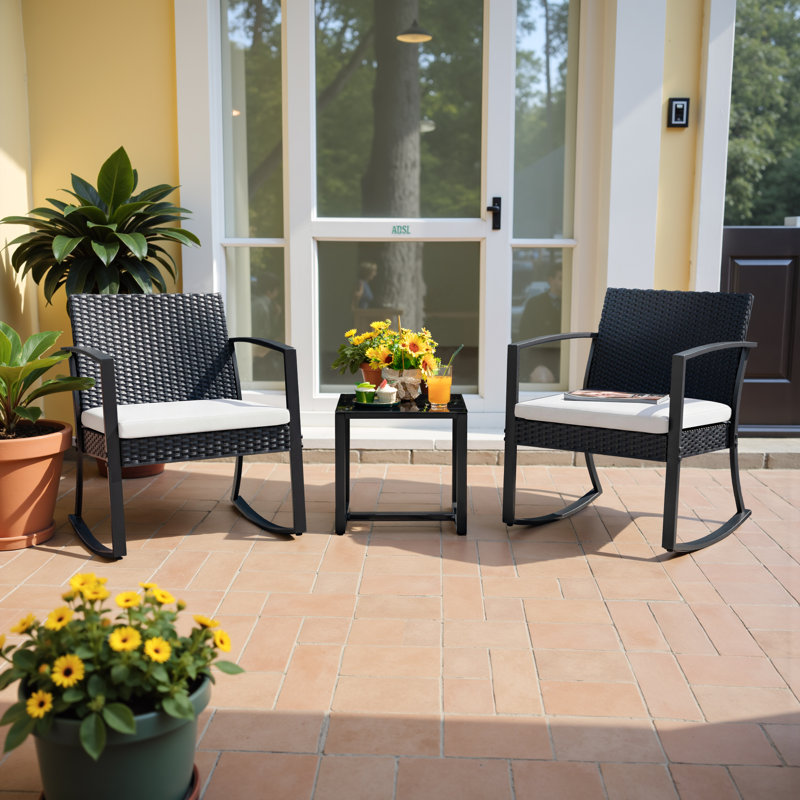 2-person Outdoor Resin Rocking Chair Set With Tempered Glass Table & Cushions, Dining Set For Outdoor Living, White