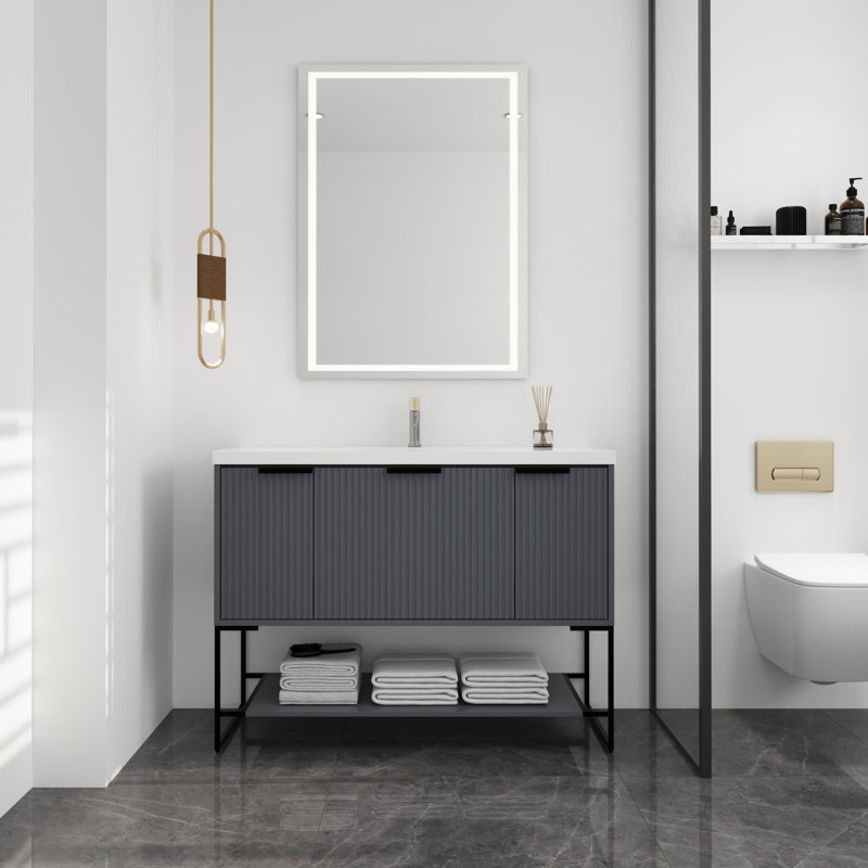 Meuble-lavabo gris moderne avec lavabo en résine et rangement spacieux