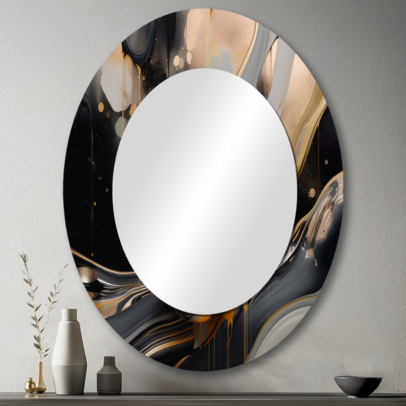 Gold And Black Marbled Euphoria II - Large Oval Wall Mirror On Metal, 43" x 33"