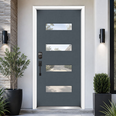 36 In. X 80 In.Fiberglass Front Entry Door-Right Hnad Inswing-Frost Glass-Knock Down Design-With Brickmould & Vinyl Frame