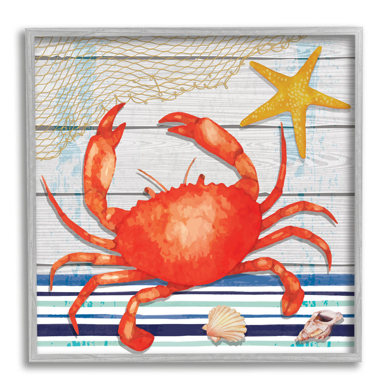 Art nautique encadré giclée par crabe rouge, H 17 po x l 17 po x P 1,5 po, Estampe numérique Farmhouse