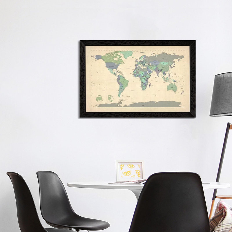 Map Of The World VI by Michael Tompsett - Print on Canvas, 66.04 cm H x 45.72 cm W, Black Framed