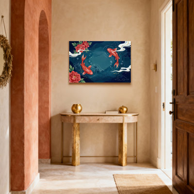 Tableau sur toile tendue à motif de carpes koï et de pivoines, de style asiatique traditionnel, idéal pour le salon, la chambre ou la décoration intérieure.