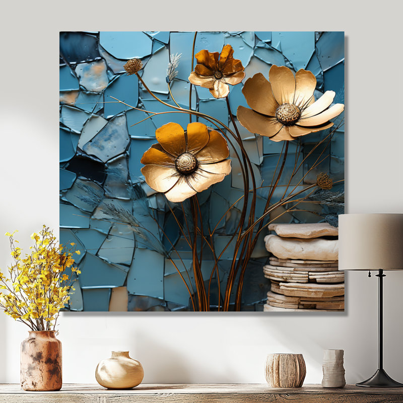 Coquelicots dorés sur bleu sarcelle - art mural coquelicot, H 16 po x l 16 po x P 1 po, Sans cadre, métal