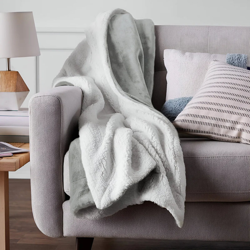 Super Soft Sherpa Fleece Fur Thick Dual Sided Flannel Reversible Blanket Throw, Silver, Double 150cm x 200cm