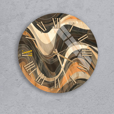Horloge murale moderne abstraite, décor en verre trempé, design fluide beige brun, grande montre romaine ronde pour le salon