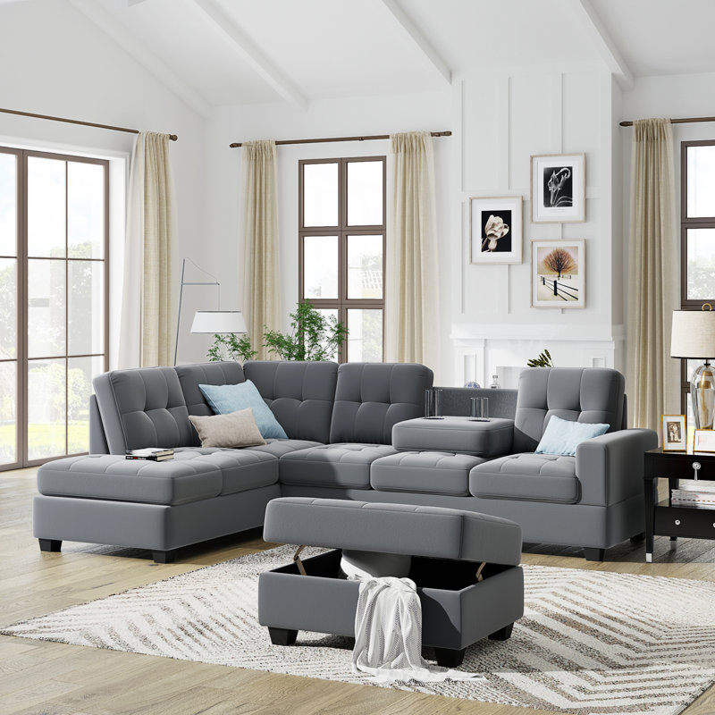 Canapé modulaire réversible et chaise longue avec repose-pieds Waretown, Velours gris