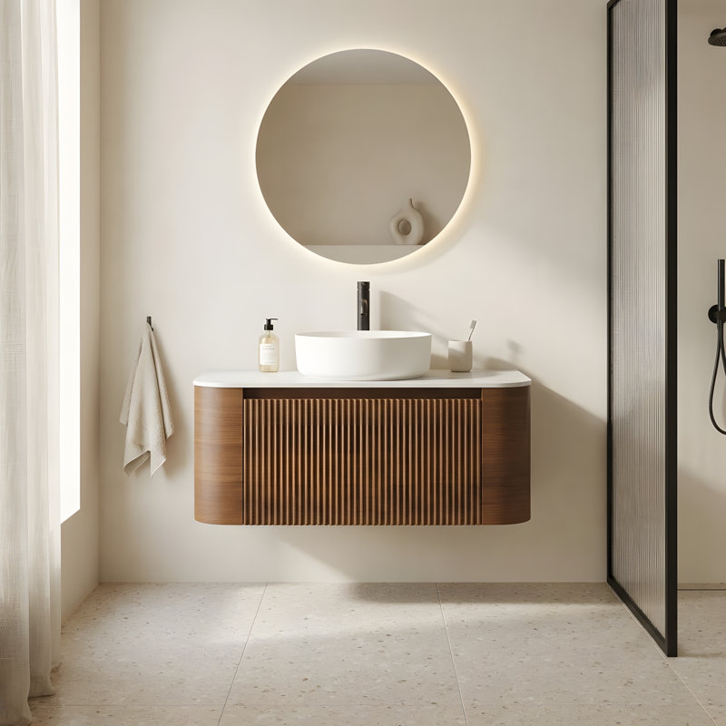 Meuble-lavabo mural de 91 cm (36 po) avec lavabo rond blanc rayé et tiroir de rangement, Noyer, 36, Blanc