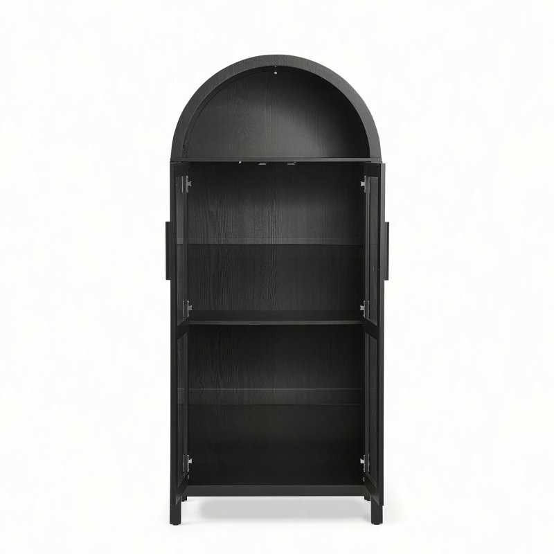 A High Arched Storage Cabinet With A Lamp, A Modern Retro-Style Wooden Storage Cabinet With Adjustable Glass Partitions, Suitable For Use As A Multi-Functional Cabinet In Kitchens