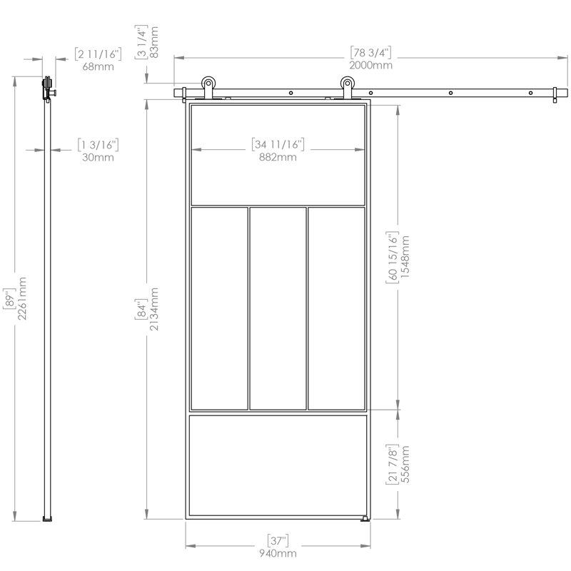 Division 37'' x 84'' Clear Glass Black Metal Sliding Barn Door