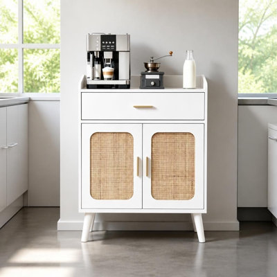 Buffet polyvalent avec 1 tiroir et 2 portes, armoire de rangement autoportante avec pieds en bois massif pour cuisine, salle à manger, salon et entrée