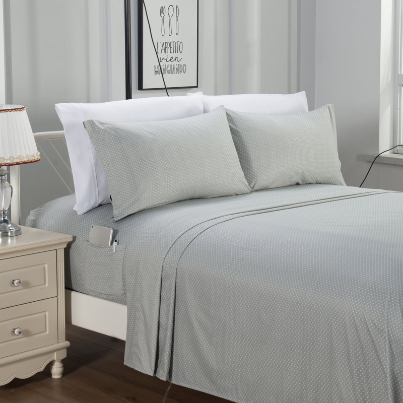 Microfiber Percale Polka Dots Sheet Set, Twin XL, Silver