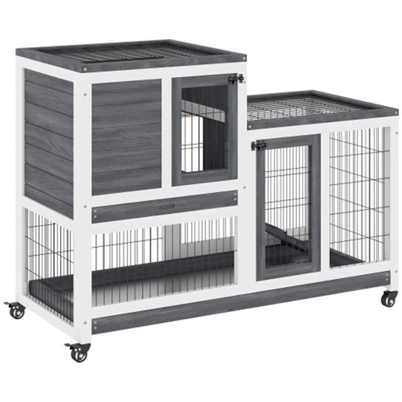 Wooden Rabbit Hutch Elevated Bunny Cage Indoor Small Animal Habitat with Enclosed Run with Wheels