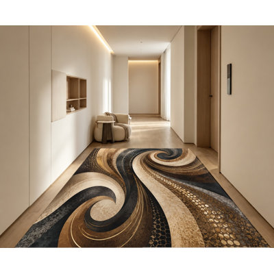 Tapis moderne en velours à motifs abstraits tourbillonnants, bruns, dorés et noirs, avec dos antidérapant. Décor de sol décoratif et vibrant pour le salon, la chambre à coucher, l'entrée, la cuisine ou le bureau.