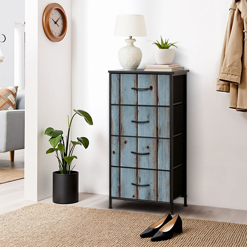 Commode 4 tiroirs pour chambre à coucher, commode étroite, plateau en bois et structure en fer de travail 18 po x 37,5 po - (l x H)