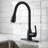 Matte Black High-Arc Kitchen Pull-Out Faucet, Single Handle, Four Water Flow Settings, Stainless Steel Body With Pull-Out Spray Head.