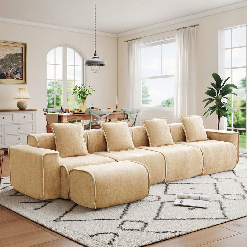 5-Seat Modular L Shape Velvet Sectional Compression Sofa, No Assembly Required with French Edge Piping, Velvet - Light Camel