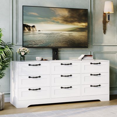 Meuble télé à 9 tiroirs avec support pour téléviseurs de 32 à 85 pouces, meuble multimédia moderne avec tiroirs, console multimédia pour chambre ou salon, blanc