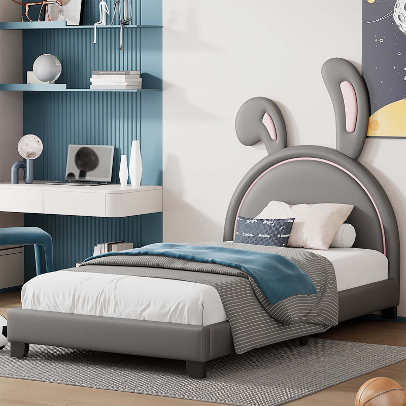 Lit plateforme tapissier en similicuir, Gris, Simple