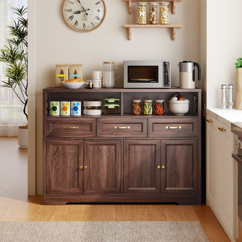 Solid Wood Farmhouse Buffet Cabinet with Charging Port, Adjustable Storage, 3 Drawers & 4 Doors, Dark Brown