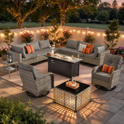 Emroy 8 - Person Reversible Modular Outdoor Conversation Set,Wicker Patio Seating Group with Lighted Coffee Table, All Weather Swivel Chair Set with Cushions