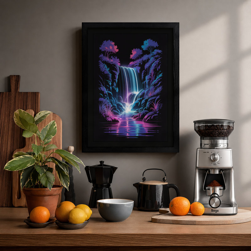 Neon Waterfall Fantasy & Sci-Fi - Print, A3 - 42.0 x 29.7 cm, Black