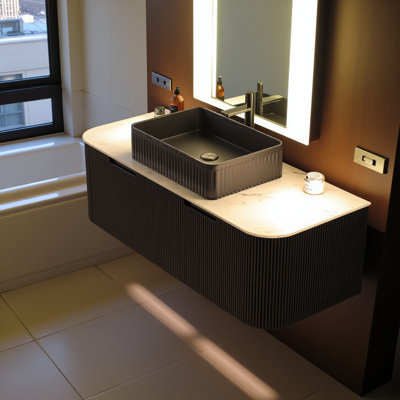 Meuble-lavabo de salle de bain 48 po avec lavabo, meuble-lavabo mural à bords arrondis avec 2 tiroirs, lavabo rectangulaire en céramique noir, sans robinet, pré-assemblé, couleur noire