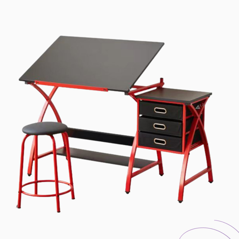 Drafting Table Adjustable Angle With 3 Drawers And Stool, Red