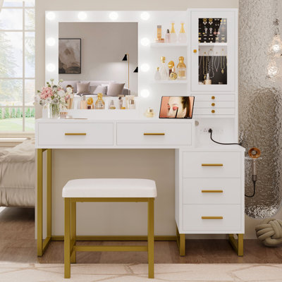 White Vanity Desk With Mirror And Lights, Makeup Vanity With 3-Colour Led Lights, 5 Drawers & Storage Shelves, Power Outlet, Dressing Table With Jewellery Storage For Bedroom (Stool Included)