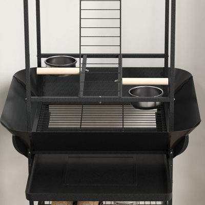 Dark Gray Bird Stand For Small Parrots - Wheels, Stainless Steel Feed Bowls, Pull-Out Tray, Hanger, Long-Lasting Parrot With Multi-Functional Perches, Practical