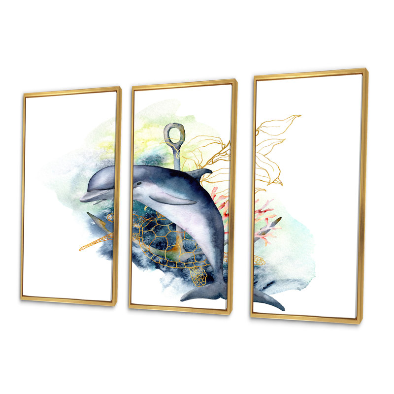 Highland Dunes Dolphine Turtle And Anchor With Coral Reef Plants Framed ...