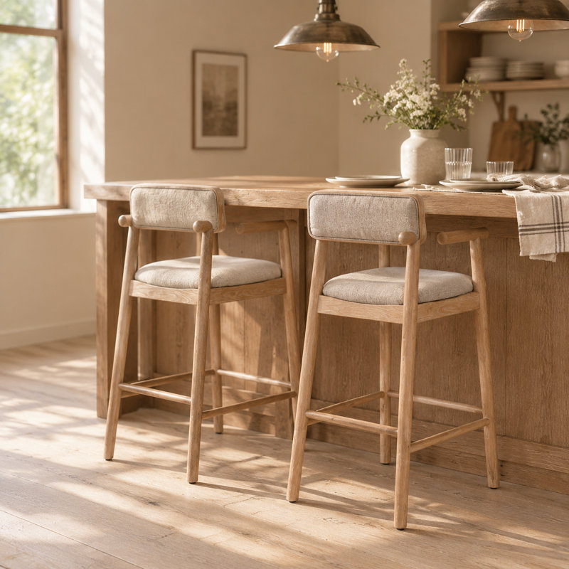 Chaises de bar rectangulaires minimalistes à dossier rembourré en bois d'hévéa, hauteur de comptoir, ensemble de 2, Natural