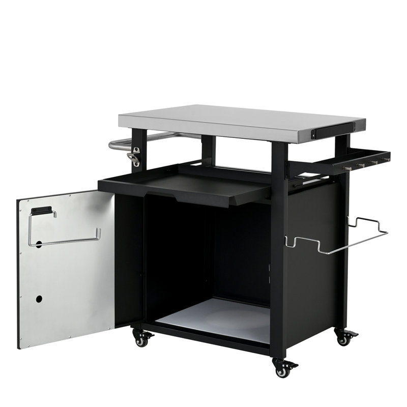 Outdoor Grill Cart with Storage Cabinet, Outdoor Bar Cart Pizza Oven Table with Wheels, Stainless Steel Top, Outdoor Kitchen Island with Spice & Paper Rack for BBQ, Waterproof Cover Included