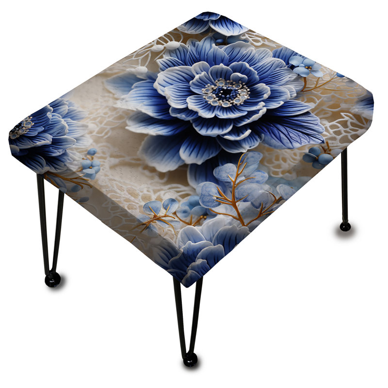 Cobalt Blue Lace Medallions Victorian Pattern - Floral Rectangle Ottoman