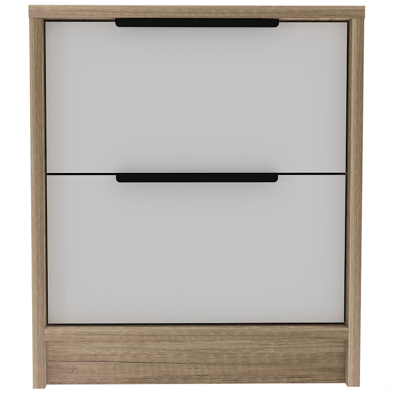 Nightstand, end table, side table two drawers, metal handle, Natural/White