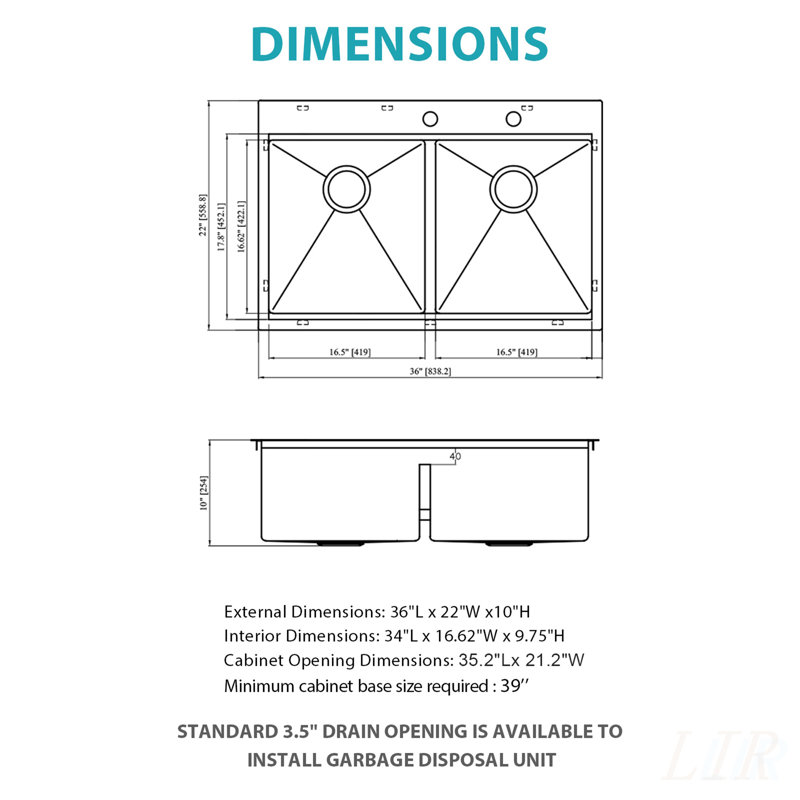 Topmount Drop-in Double Bowl Kitchen Sink - 36x22x10 Inch, 16 Gauge Stainless Steel with Deep Basins and Soundproofing