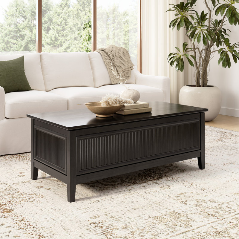 Table basse à plateau relevable cannelé 47W avec rangement pour salon, Noir